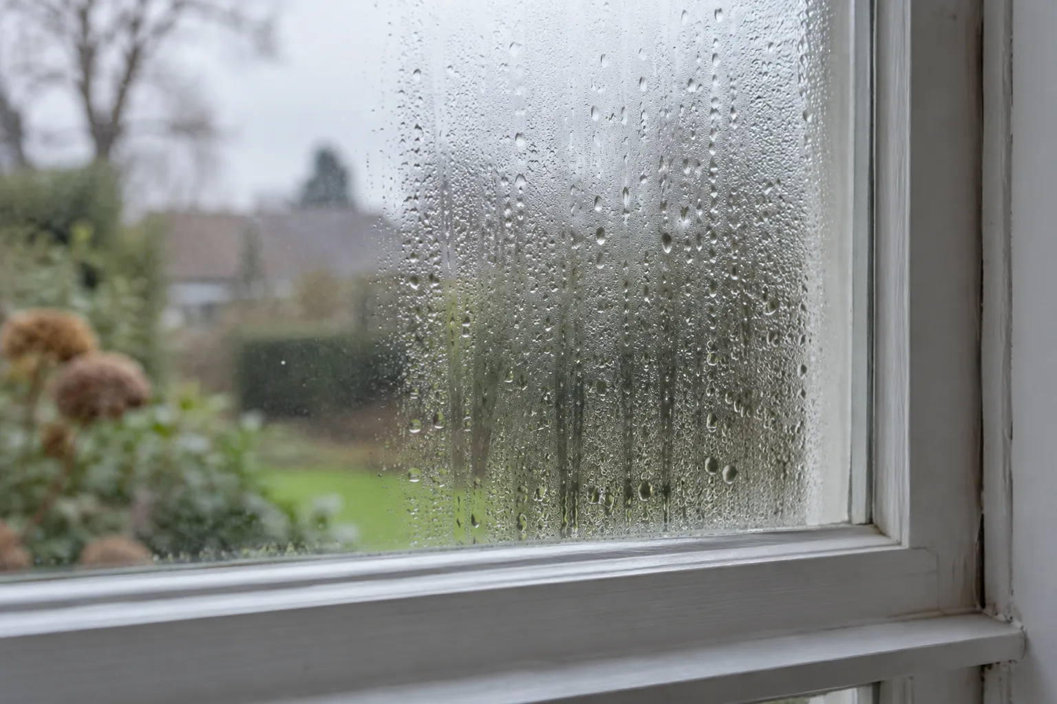 Water droplets on a window in a home