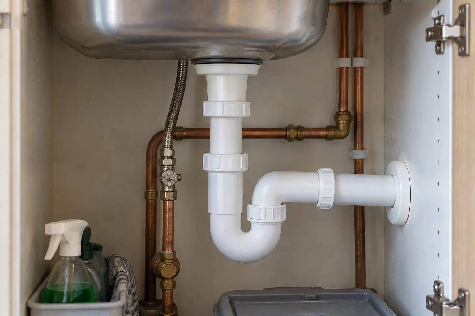 Copper pipes and waste plumbing beneath a kitchen sink
