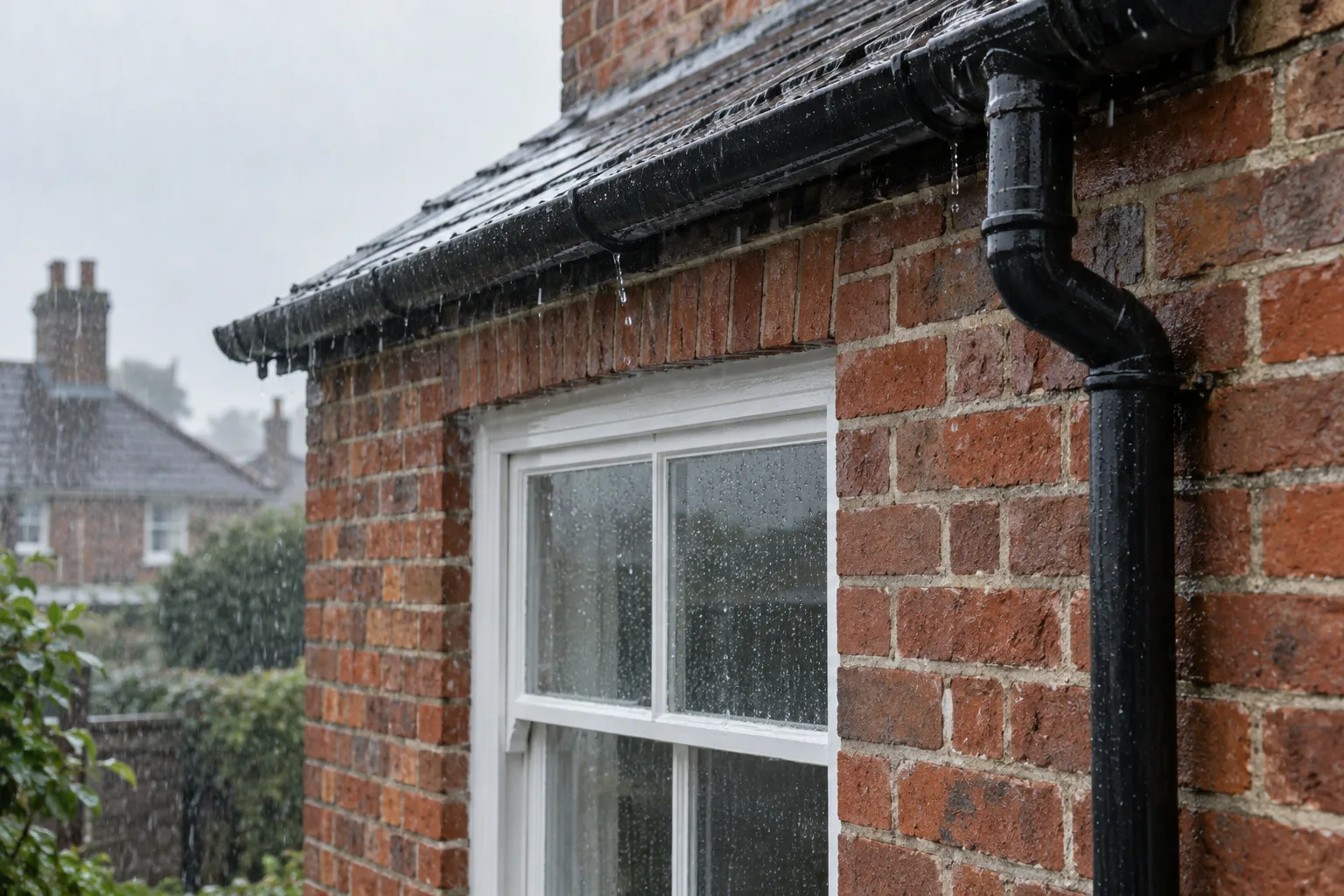 Rain on red brickwork around a white window